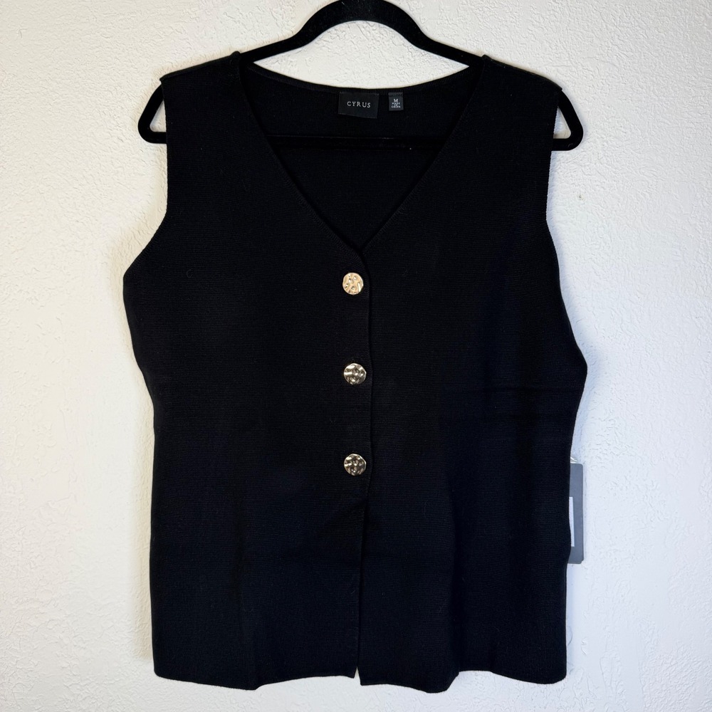 NEW $69 Cyrus Womens M Black Knit V-Neck Button Front Vest Gold Buttons Chic